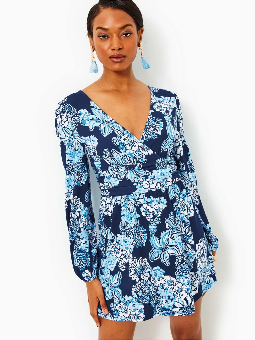 EUC Lilly Pulitzer Riza Long Sleeve Romper Low Tide Navy Bouquet All Day